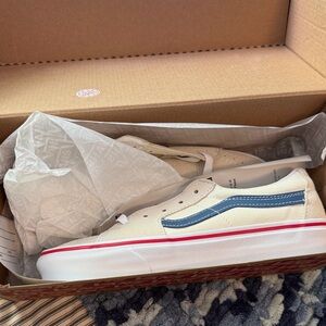 Vans sk8-low Cream Canvas Sneakers with Blue Side Stripe and Red Accent